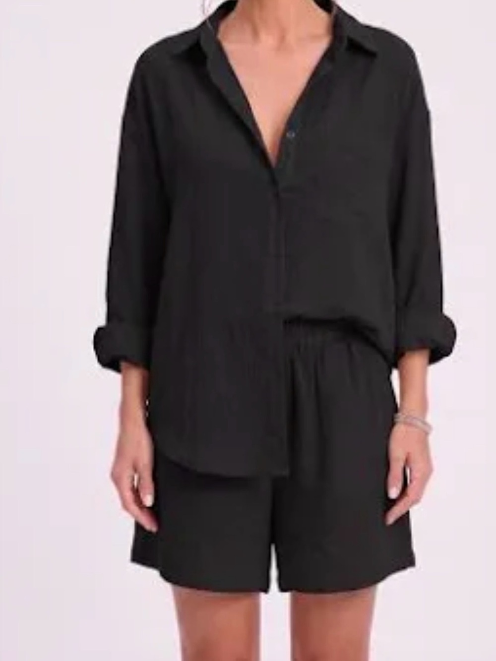 Women’s  linen Black Lightweight Collared Pullover Shirt and shorts